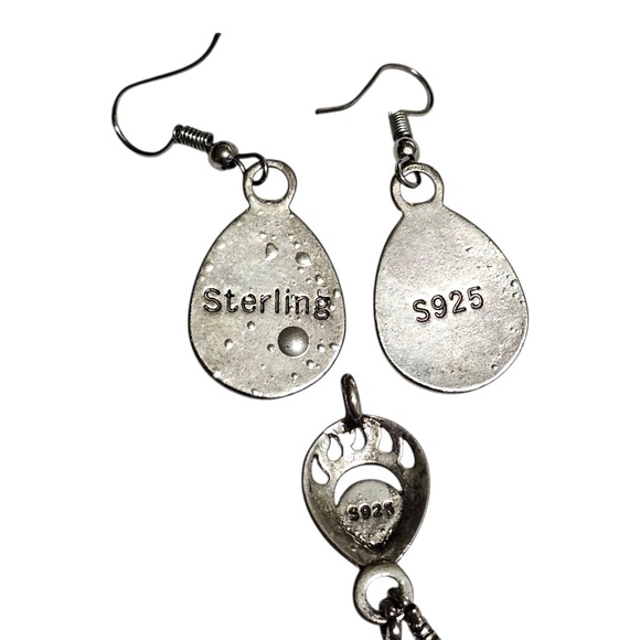 Navajo Indian Sterling Silver & Turquoise Bear Paw Dangle Earrings & Pendant - Picture 6 of 11